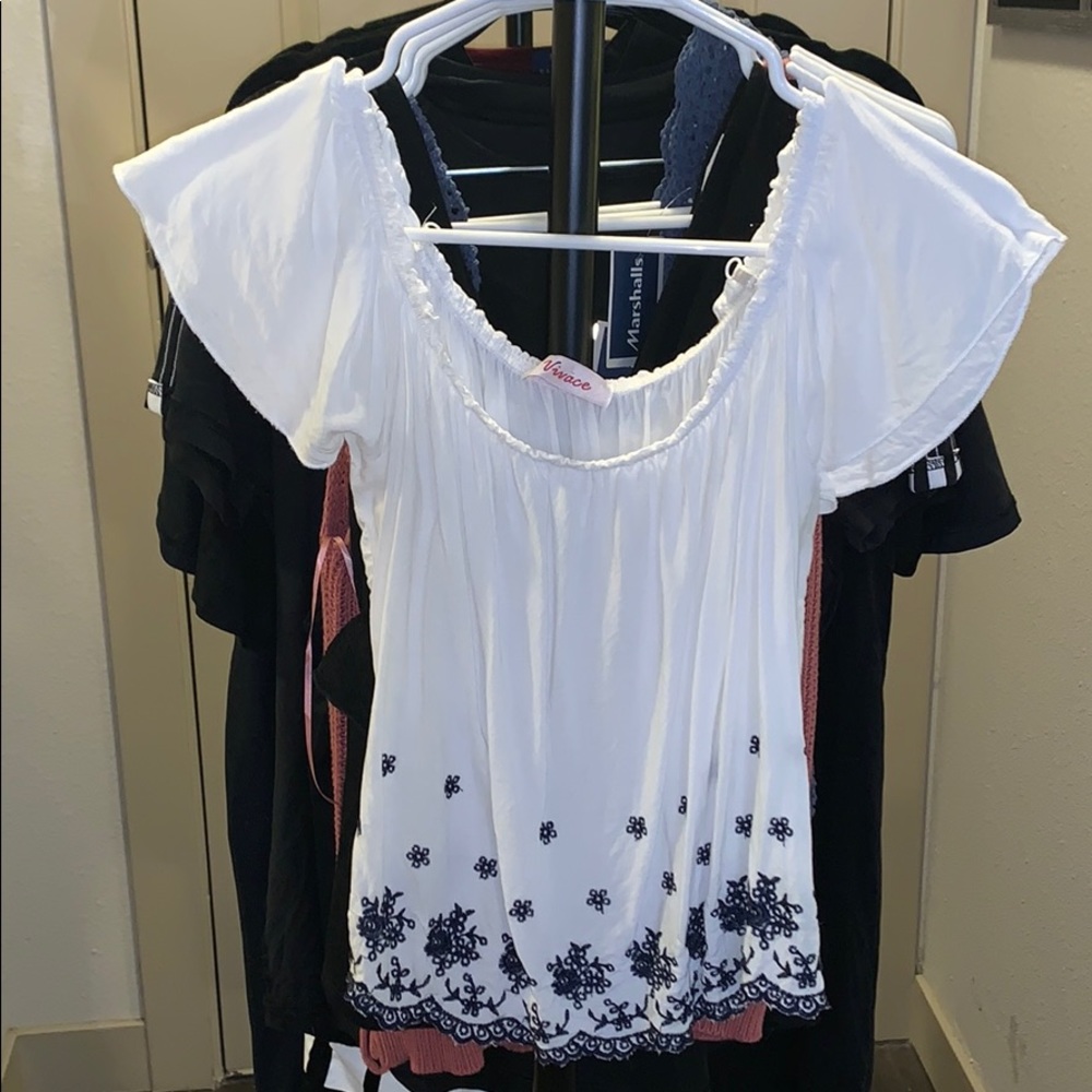 Off the shoulder white/navy blue shirt